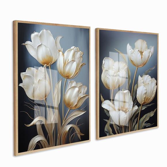 Kit 2 Quadros Decorativos Flores Brancas Gold Luxo Vidro