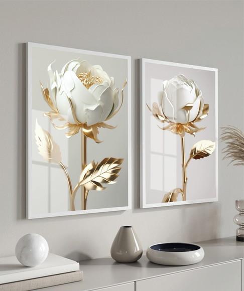 Kit 2 Quadros Decorativos Flores Brancas Gold Moldura Vidro