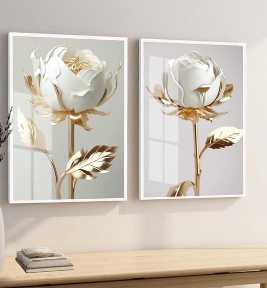 Kit 2 Quadros Decorativos Flores Brancas Gold Moldura Vidro