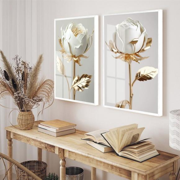 Kit 2 Quadros Decorativos Flores Brancas Gold Moldura Vidro