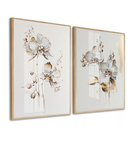 Kit 2 Quadros Decorativos Flores Brancas Gold Moldura Vidro