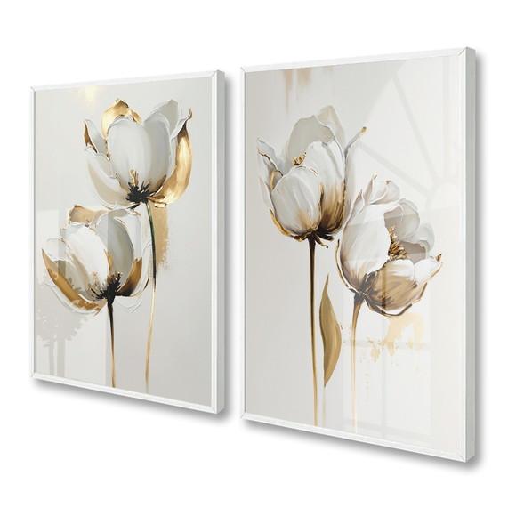 Kit 2 Quadros Decorativos Flores Brancas Gold Moldura Vidro