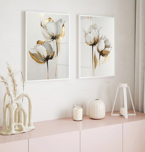 Kit 2 Quadros Decorativos Flores Brancas Gold Moldura Vidro