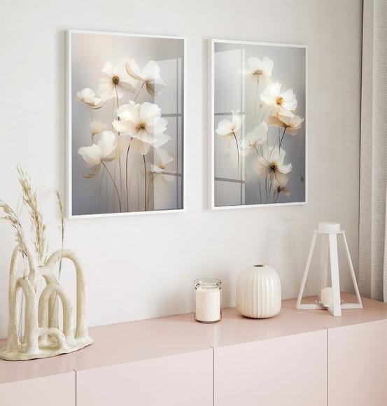 Kit 2 Quadros Decorativos Flores Brancas Modernas com Vidro