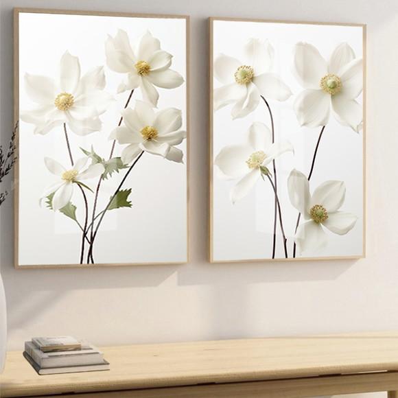 Kit 2 Quadros Decorativos Flores Brancas Sala Hall com Vidro