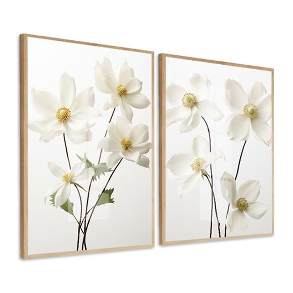 Kit 2 Quadros Decorativos Flores Brancas Sala Hall com Vidro