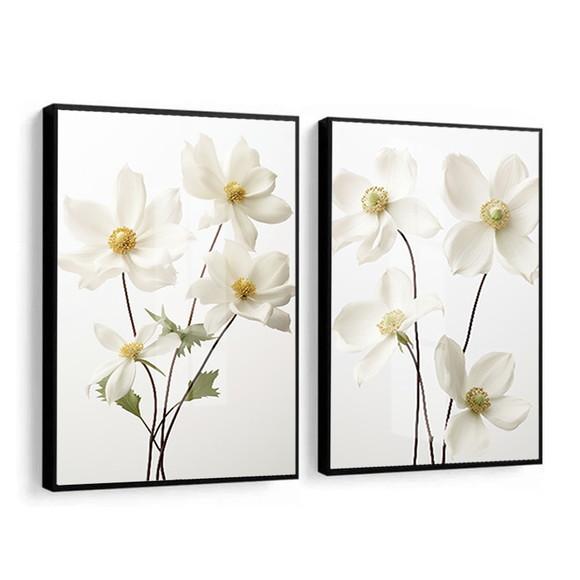 Kit 2 Quadros Decorativos Flores Brancas Sala Moldura Vidro
