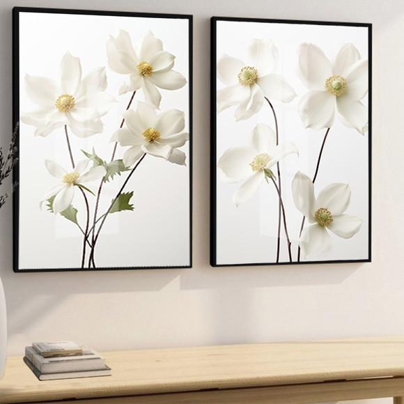 Kit 2 Quadros Decorativos Flores Brancas Sala Moldura Vidro
