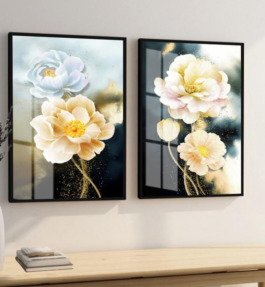 Kit 2 Quadros Decorativos Flores Douradas Com Moldura Vidro