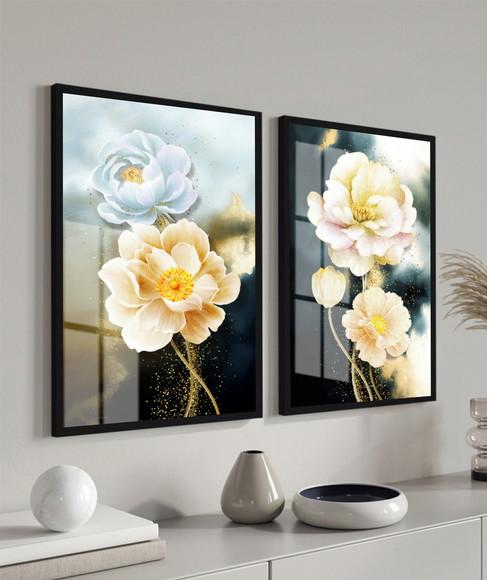 Kit 2 Quadros Decorativos Flores Douradas Com Moldura Vidro