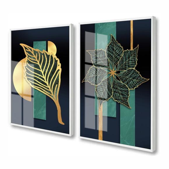 Kit 2 Quadros Decorativos Flores Dourada Com Moldura E Vidro