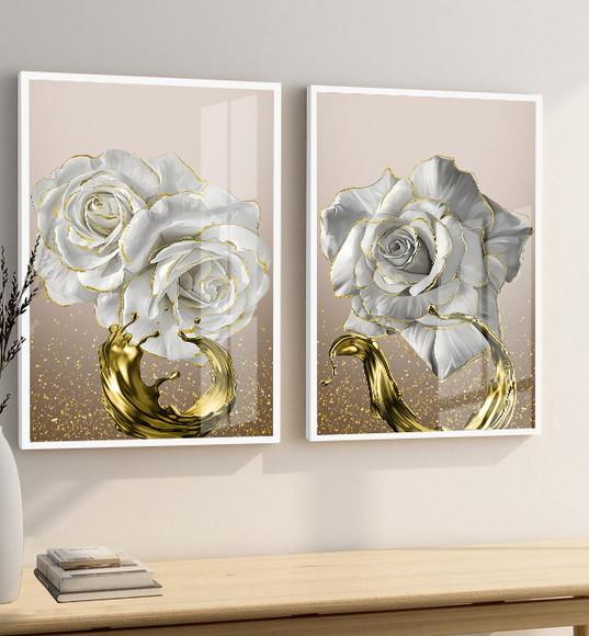 Kit 2 Quadros Decorativos Flores Douradas Com Moldura Vidro