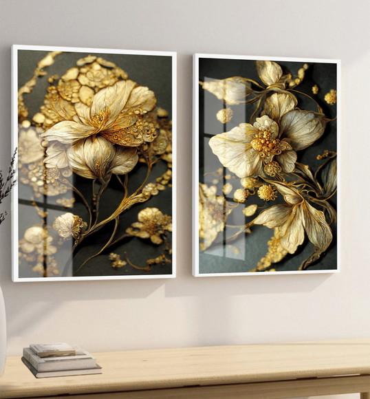 Kit 2 Quadros Decorativos Flores Douradas Com Moldura Vidro