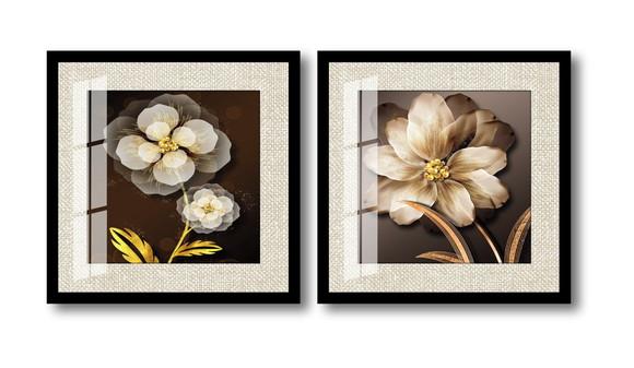 Kit 2 Quadros Decorativos Flores Douradas Com Vidro Moldura