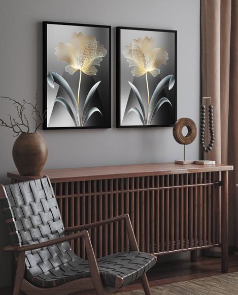 Kit 2 Quadros Decorativos Flores Douradas Gold com Moldura