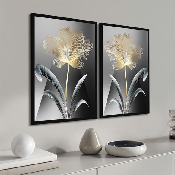Kit 2 Quadros Decorativos Flores Douradas Gold com Moldura