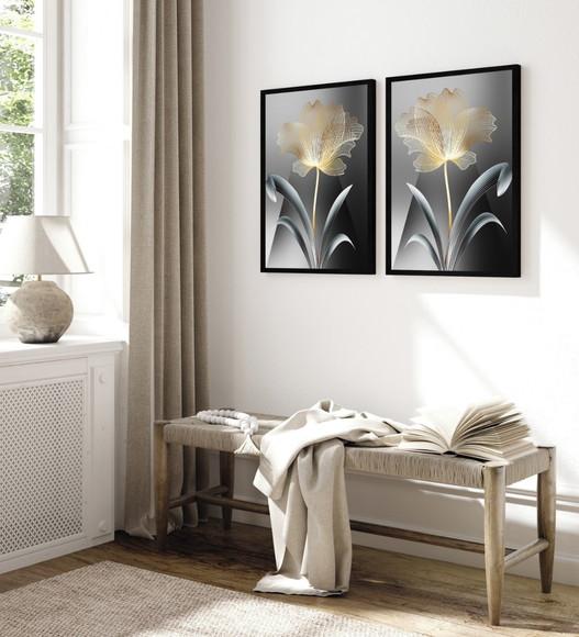 Kit 2 Quadros Decorativos Flores Douradas Gold com Moldura