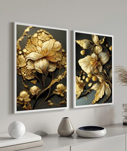Kit 2 Quadros Decorativos Flores Douradas Gold Com Moldura