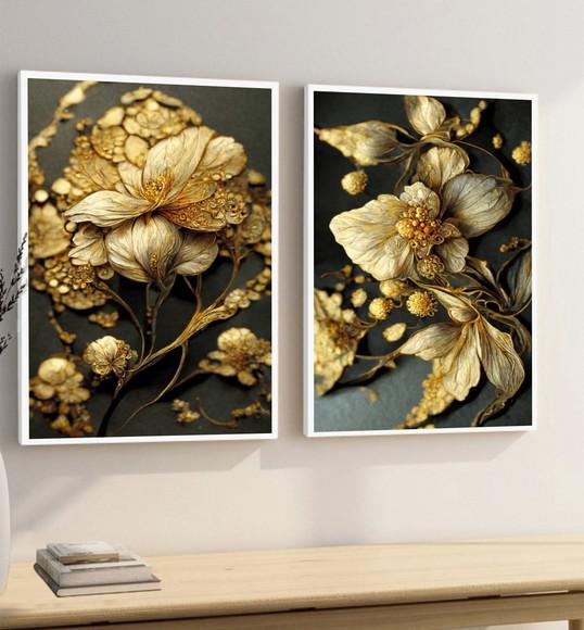 Kit 2 Quadros Decorativos Flores Douradas Gold Com Moldura