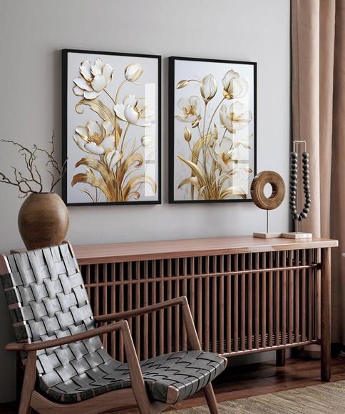 Kit 2 Quadros Decorativos Flores Douradas Gold Luxo Vidro