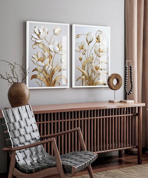 Kit 2 Quadros Decorativos Flores Douradas Gold Luxo Vidro
