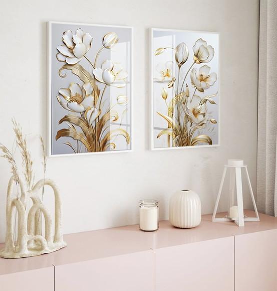 Kit 2 Quadros Decorativos Flores Douradas Gold Luxo Vidro