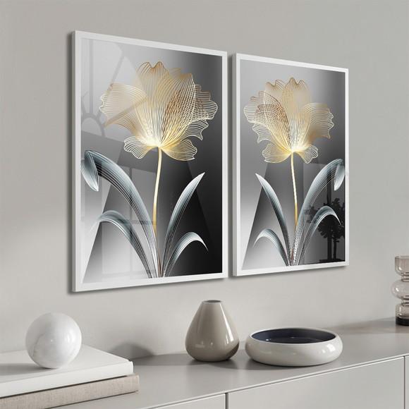 Kit 2 Quadros Decorativos Flores Douradas Gold Moldura Vidro