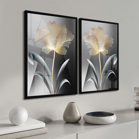 Kit 2 Quadros Decorativos Flores Douradas Gold Moldura Vidro