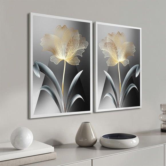 Kit 2 Quadros Decorativos Flores Douradas Modernas Moldura
