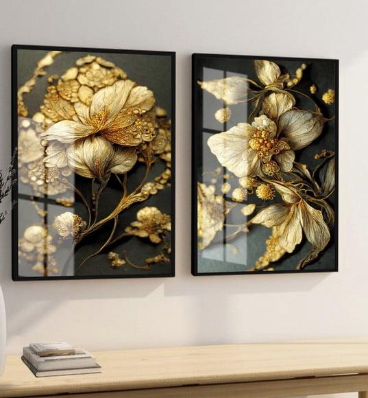 Kit 2 Quadros Decorativos Flores Douradas Moldura E Vidro
