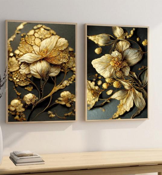 Kit 2 Quadros Decorativos Flores Douradas Para Sala Moldura