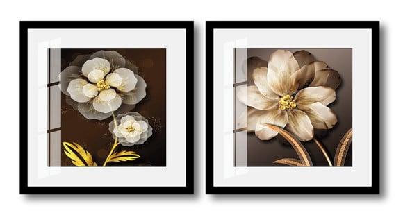 Kit 2 Quadros Decorativos Flores Douradas Sala Vidro Moldura