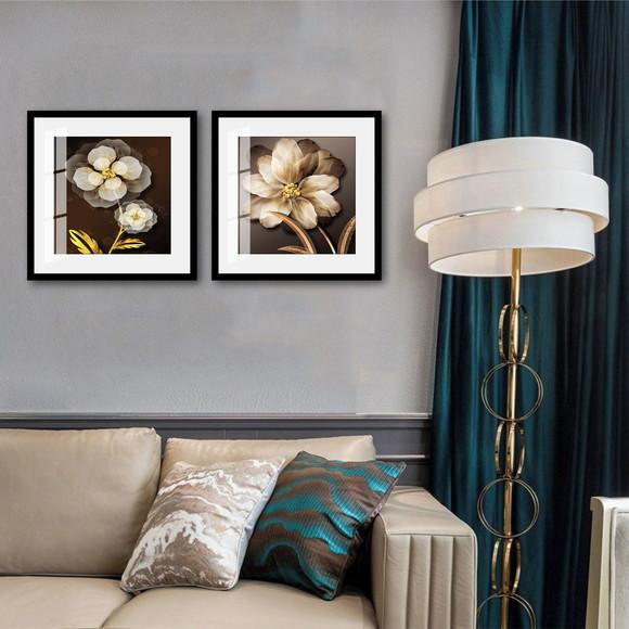 Kit 2 Quadros Decorativos Flores Douradas Sala Vidro Moldura