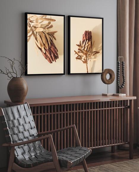 Kit 2 Quadros Decorativos Flores Folhagem Bege com Moldura