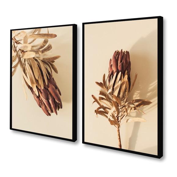 Kit 2 Quadros Decorativos Flores Folhagem Bege com Moldura