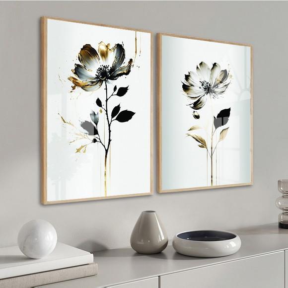 Kit 2 Quadros Decorativos Flores Gold com Moldura e Vidro