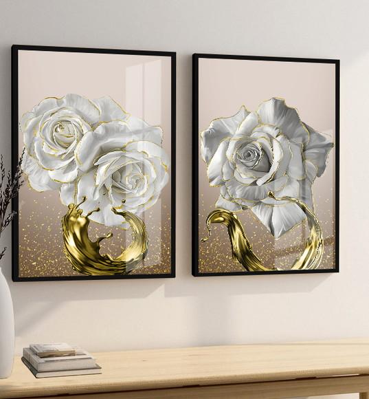 Kit 2 Quadros Decorativos Flores Gold Com Moldura e Vidro