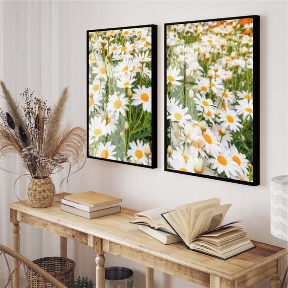 Kit 2 Quadros Decorativos Flores Margarida Moldura e Vidro