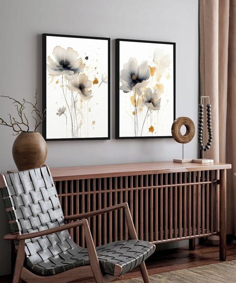 Kit 2 Quadros Decorativos Flores Modernas Luxo Sala Vidro