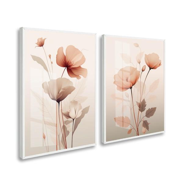 Kit 2 Quadros Decorativos Flores Modernas Moldura e Vidro