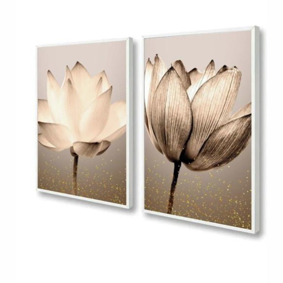Kit 2 Quadros Decorativos Flores para Sala Modernos Moldura