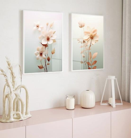 Kit 2 Quadros Decorativos Flores para Sala Moderna com Vidro