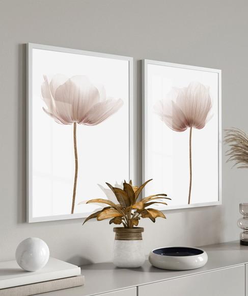 Kit 2 Quadros Decorativos Flores para Sala Moldura e Vidro