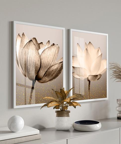 Kit 2 Quadros Decorativos Flores Para Sala Moldura e Vidro