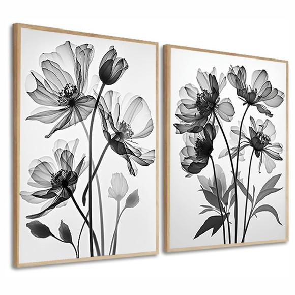 Kit 2 Quadros Decorativos Flores Preto e Branco com Moldura