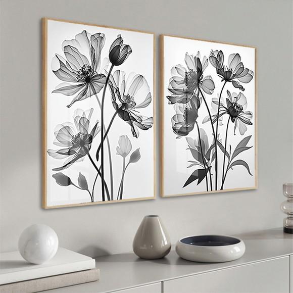 Kit 2 Quadros Decorativos Flores Preto Branco Moldura Vidro