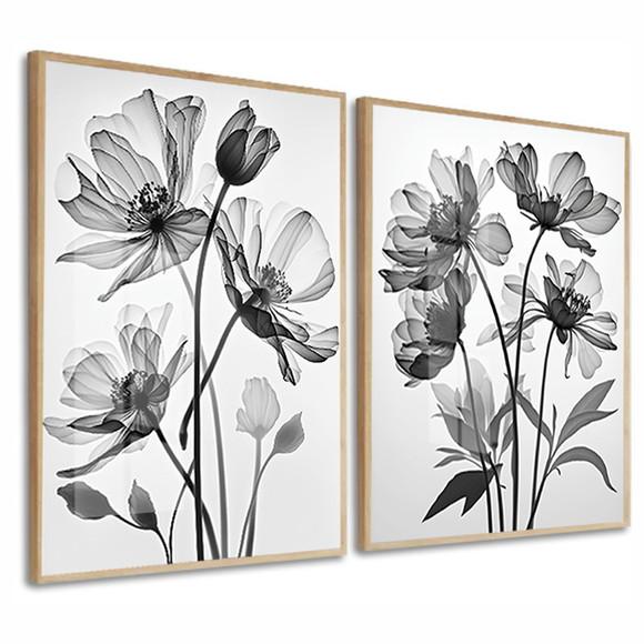 Kit 2 Quadros Decorativos Flores Preto Branco Moldura Vidro