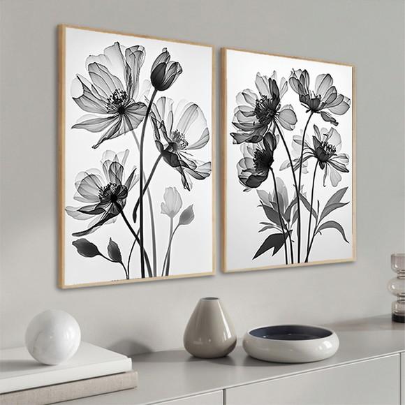 Kit 2 Quadros Decorativos Flores Preto e Branco com Moldura