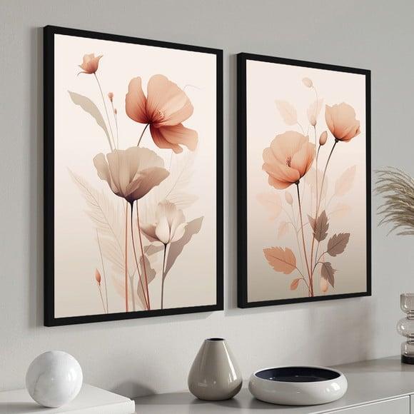 Kit 2 Quadros Decorativos Flores Rosa Quarto Hall Moldura