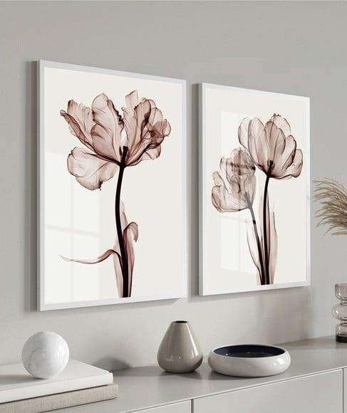 Kit 2 Quadros Decorativos Flores Quarto Sala Moldura e Vidro